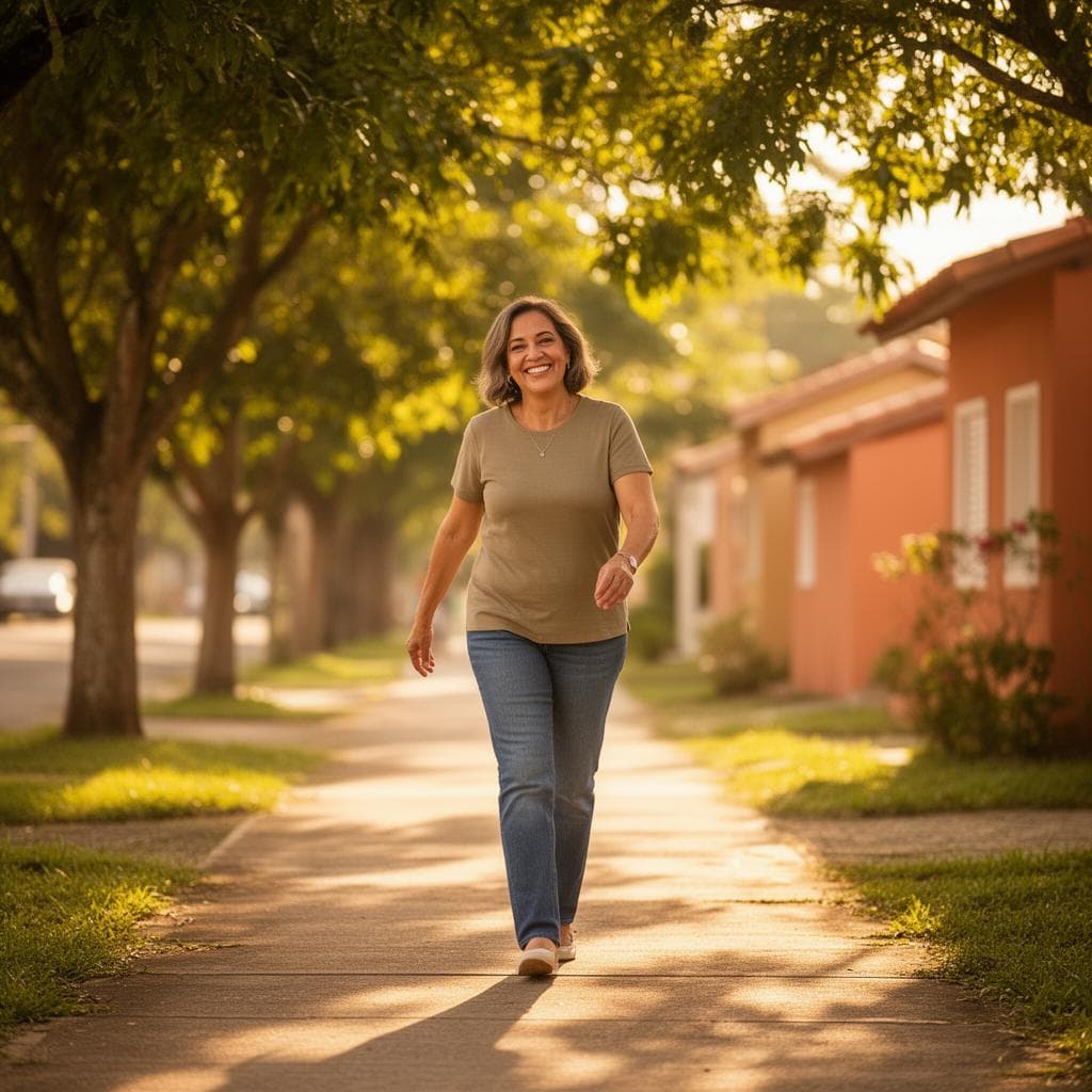 Mulher sorrindo caminhando por calçada arborizada de bairro na luz suave do fim de tarde