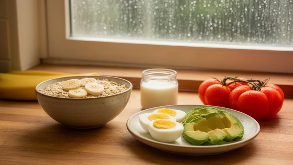 Cenário aconchegante de cozinha com luz natural suave e pratos simples como aveia, ovos e legumes, simbolizando alimentação flexível em dias chuvosos