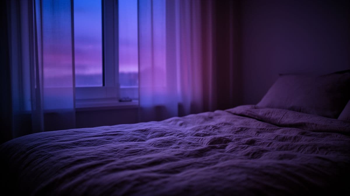 Janela de quarto ao entardecer com luz suave em tons azul e roxo iluminando lençóis de linho.