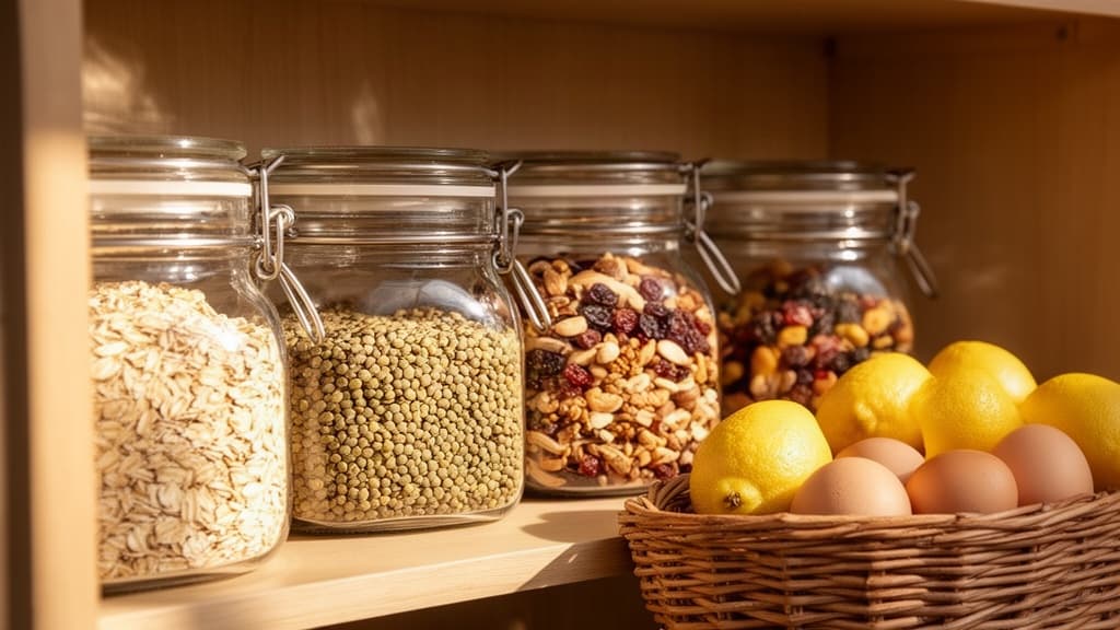 Prateleira de despensa organizada com jarros de vidro contendo alimentos saudáveis como aveia, lentilhas e castanhas, cercada por limões frescos, sob luz natural quente