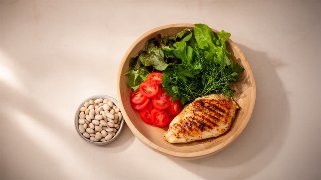 Composição minimalista de alimentos integrais, como folhas verdes, tomate e feijão, sobre uma bancada de mármore claro, ilustrando alimentação saudável e equilibrada.