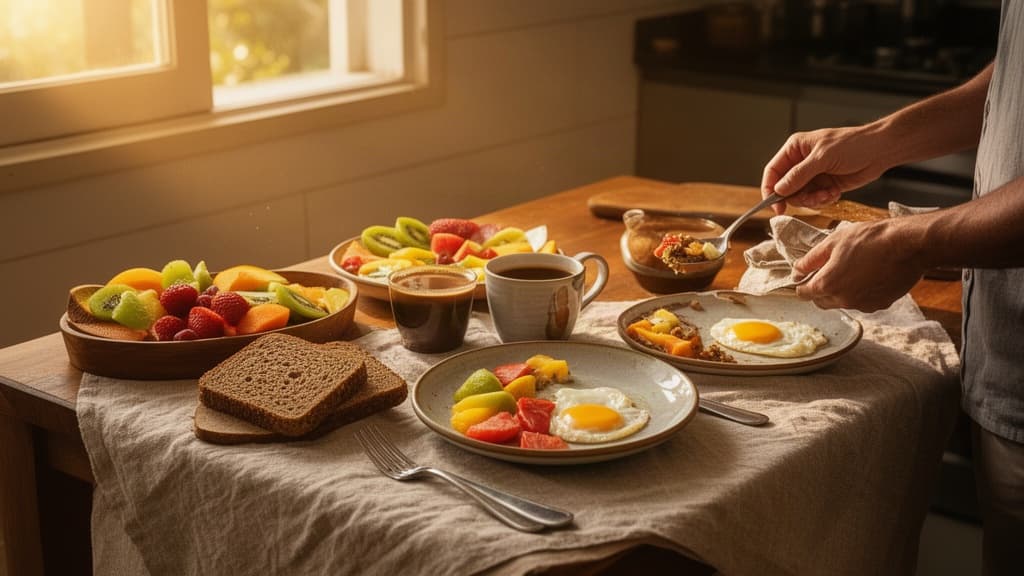 Mesa de cozinha aconchegante com café da manhã colorido sendo servido em um fim de semana ensolarado, transmitindo prazer e equilíbrio na alimentação.