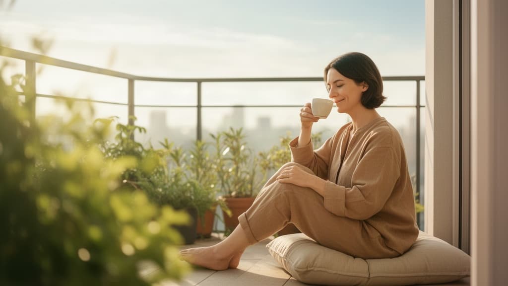 Pessoa relaxada em varanda ensolarada, vestindo roupas casuais, em ambiente de tranquilidade e leveza.