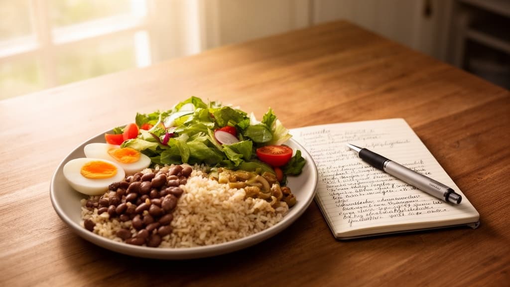 Foto editorial de uma mesa de cozinha aconchegante com um prato equilibrado de arroz, feijão, ovo e salada, ao lado de um caderno de anotações, simbolizando planejamento alimentar flexível.