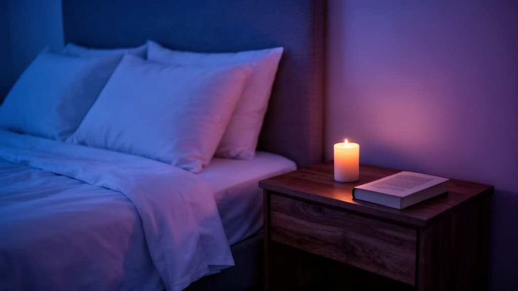 Um canto sereno do quarto à noite com luz azulada suave, cama arrumada, velas acesas e ambiente de descanso