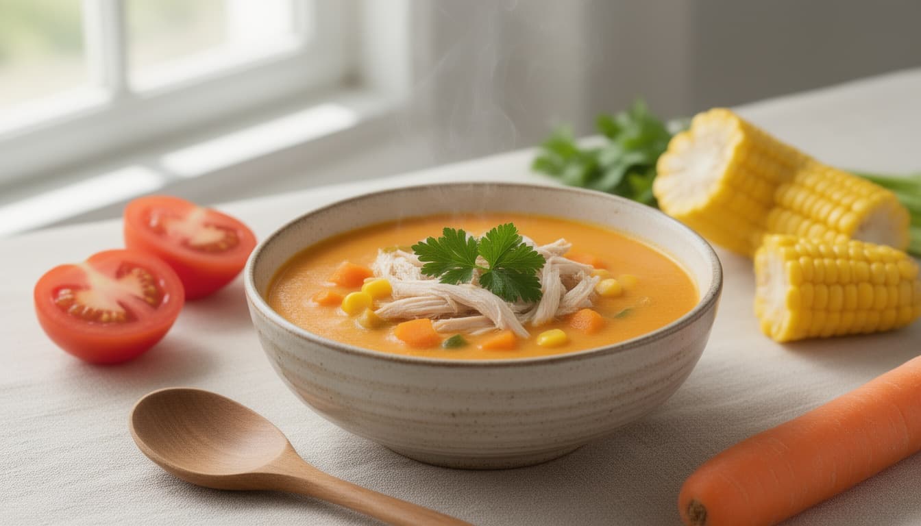 Tigela de sopa brasileira cremosa de legumes com milho, frango desfiado e salsinha, cercada por ingredientes frescos sobre toalha de linho claro