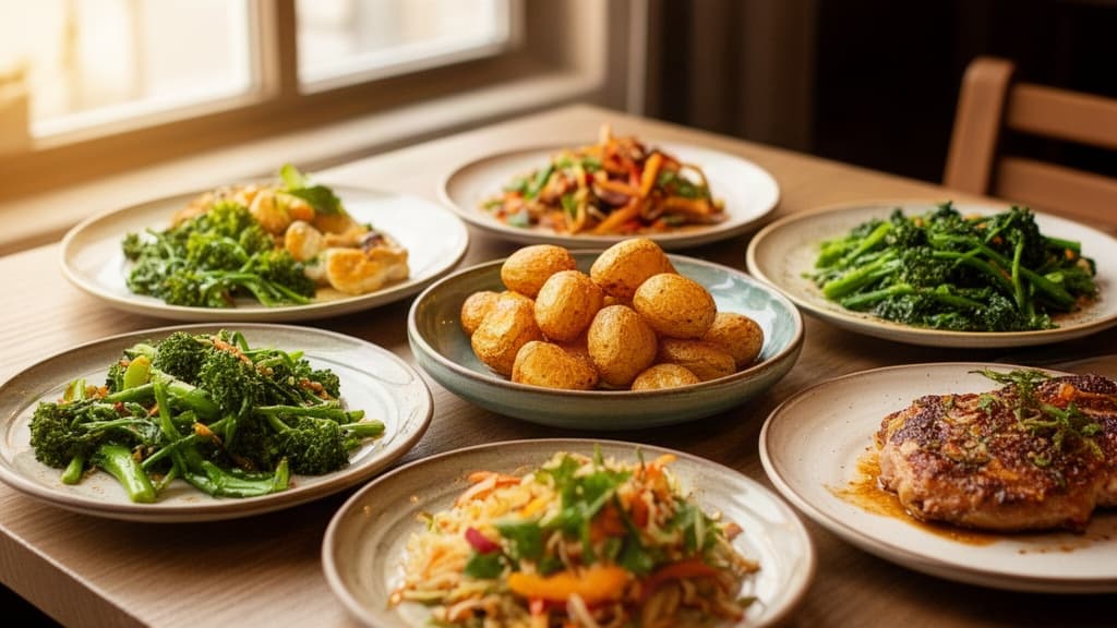 Mesa de restaurante aconchegante com prato misto colorido de vegetais, carboidratos e proteínas em luz natural quente