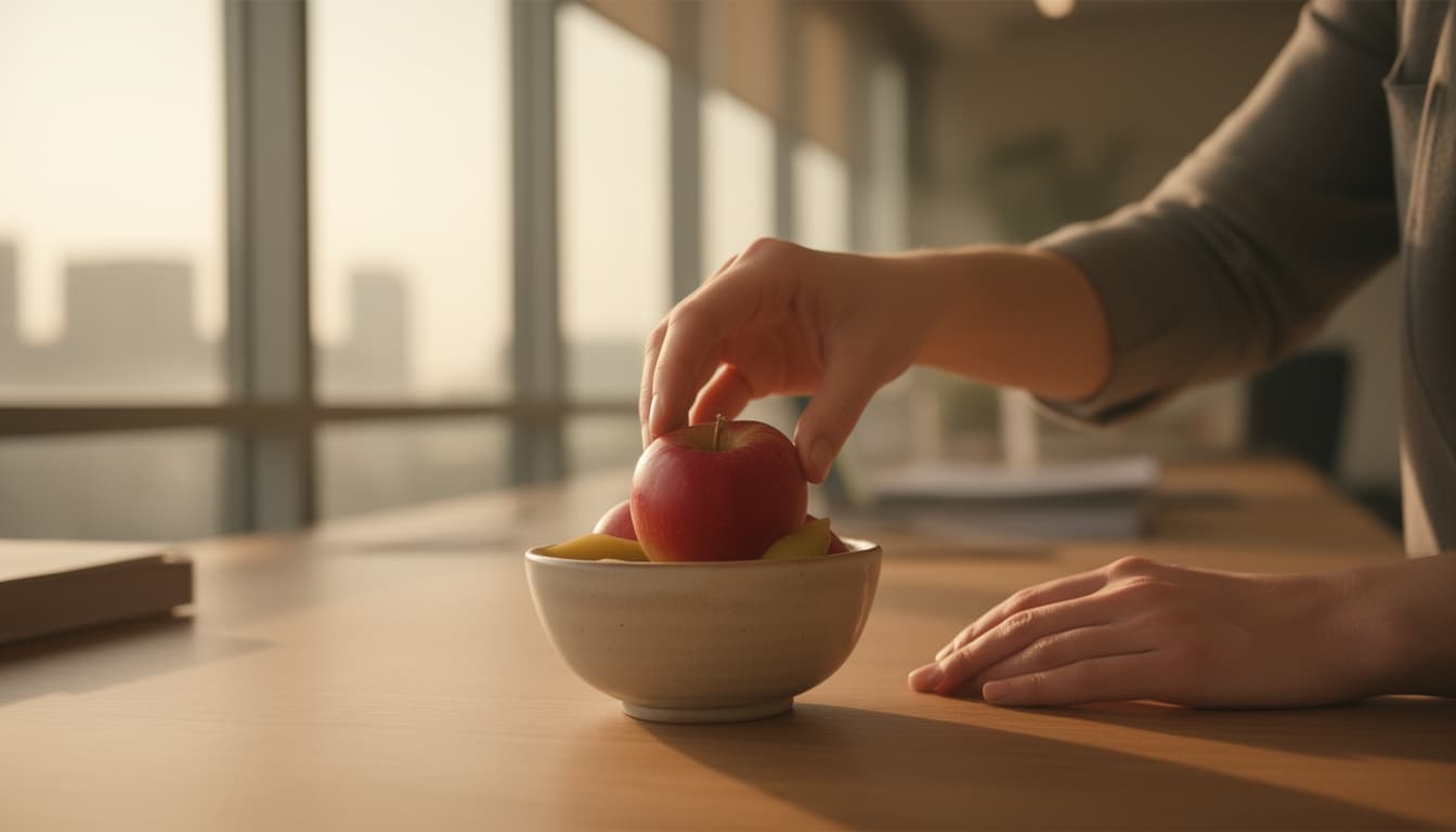 Mãos pegando uma maçã de uma tigela de cerâmica em uma mesa de escritório iluminada por luz natural da manhã